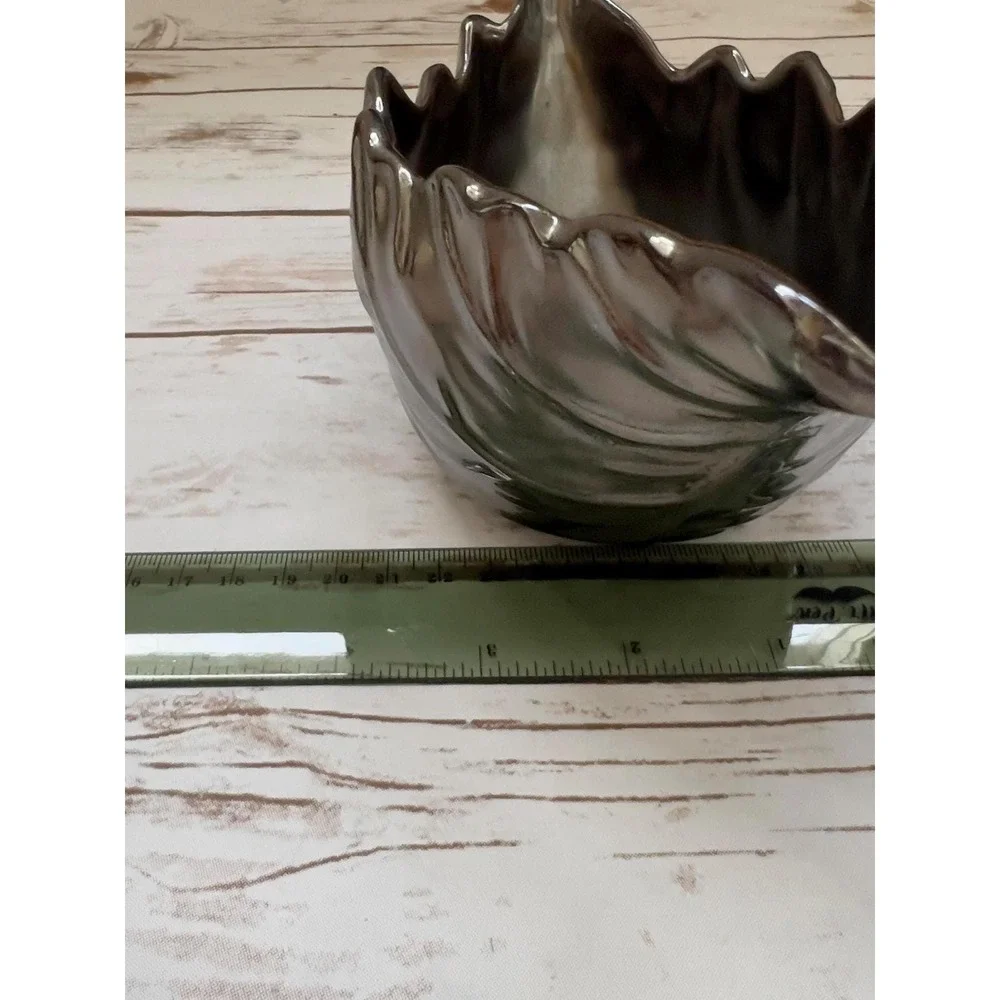 Pottery Barn Gravy Boat‎ with Ladle Bronze Leaf Design Metallic Glaze OS